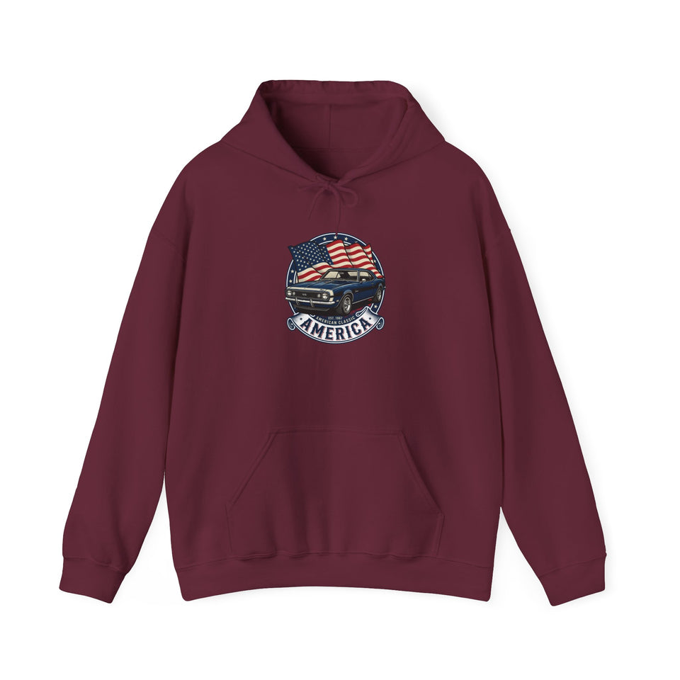 Vintage Muscle Car with American Flag Hoodie | America Graphic Sweatshirt
