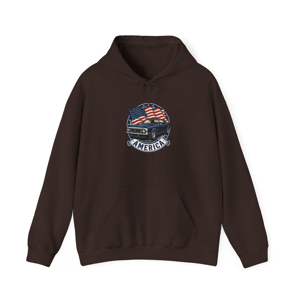 Vintage Muscle Car with American Flag Hoodie | America Graphic Sweatshirt