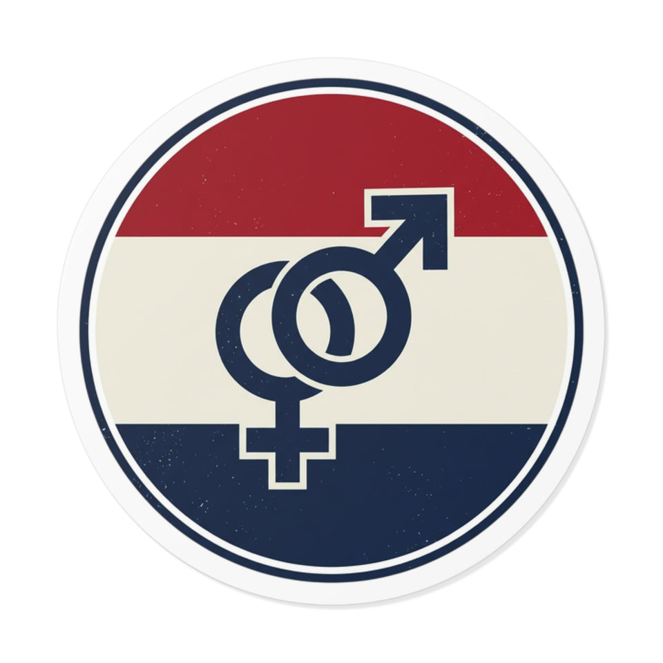 Interlocked Male Female Symbols Round Vinyl Sticker | Retro Red White Blue Stripes
