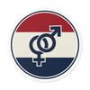 Interlocked Male Female Symbols Round Vinyl Sticker | Retro Red White Blue Stripes