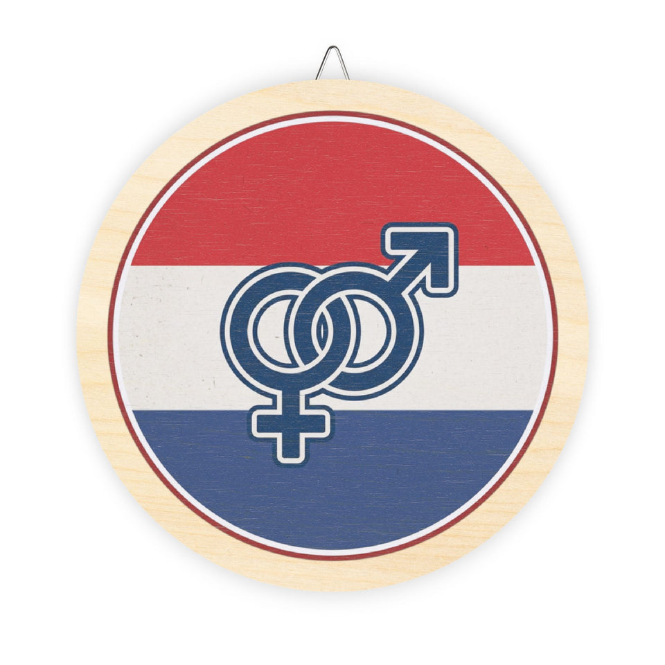 Interlocking Male Female Symbols Wood Sign | Round Patriotic Stripe Wall Décor