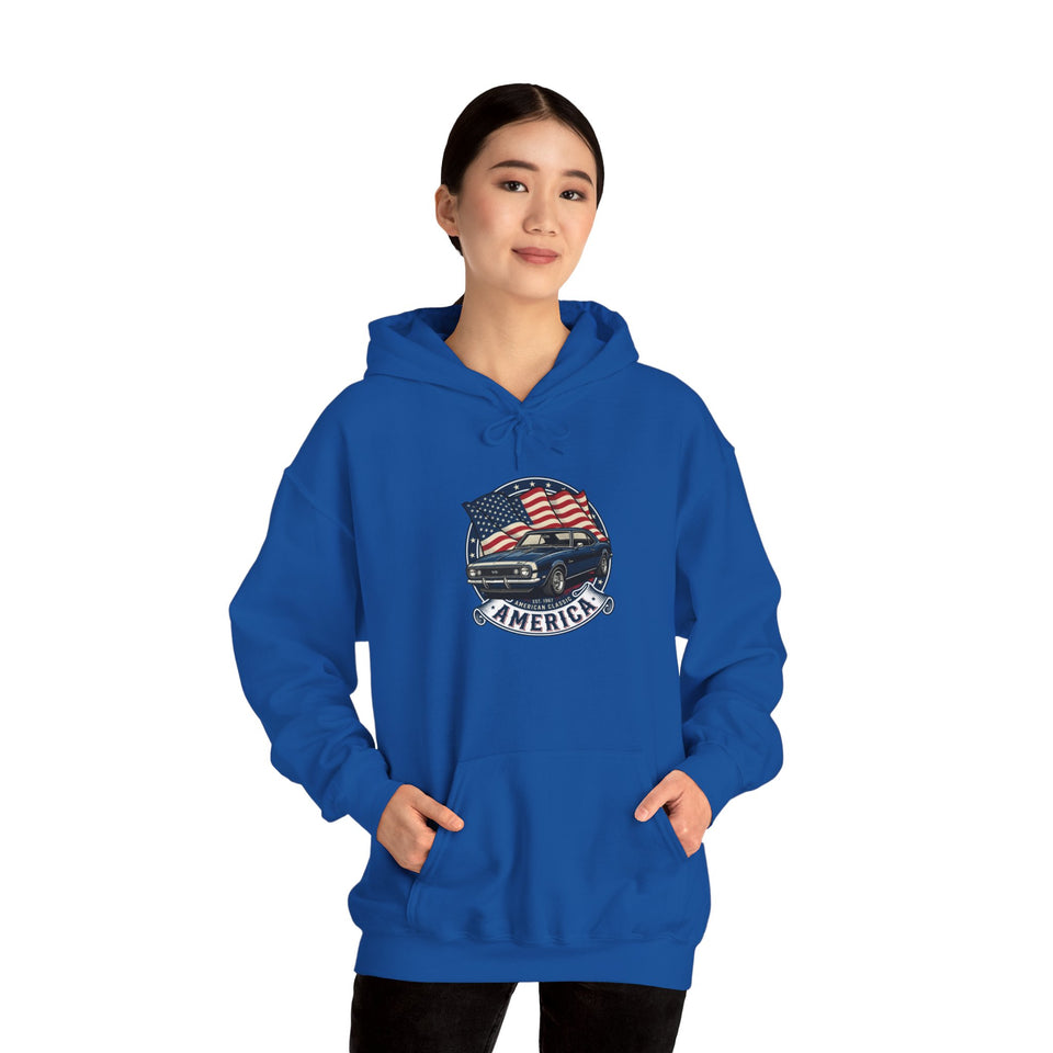 Vintage Muscle Car with American Flag Hoodie | America Graphic Sweatshirt