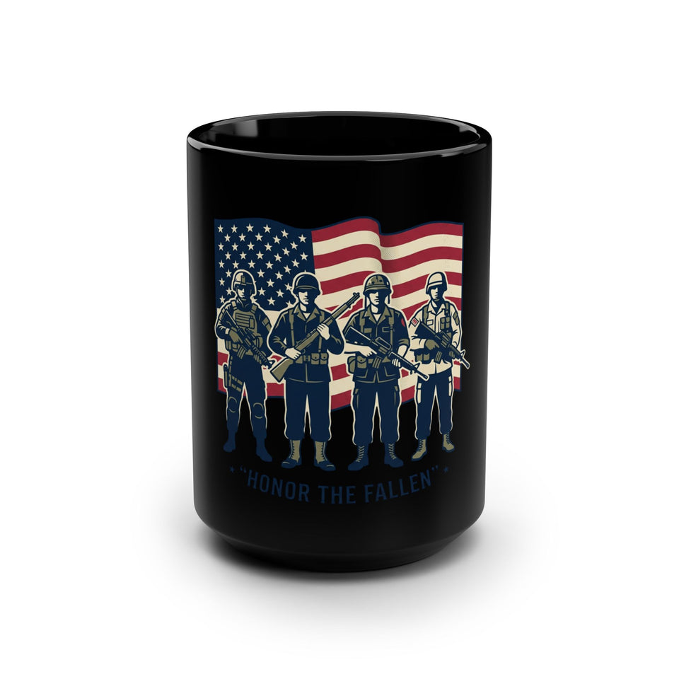 Honor the Fallen Soldiers Mug | American Flag Military Tribute, 15oz Black Mug