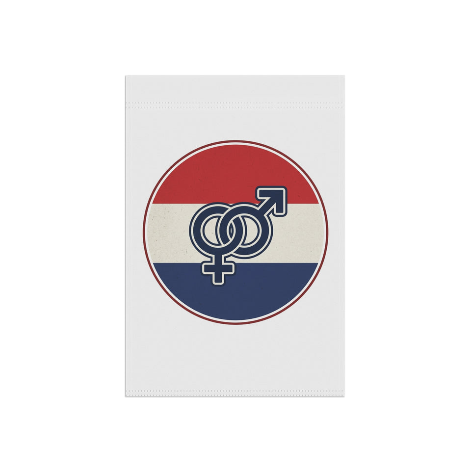 Interlinked Male Female Symbols Garden & House Banner | Patriotic Red White Blue