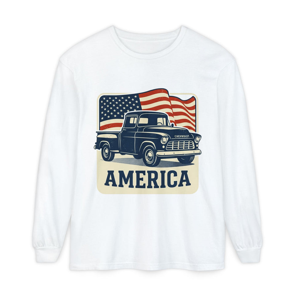Vintage Pickup Truck America Long Sleeve T-Shirt | American Flag Graphic