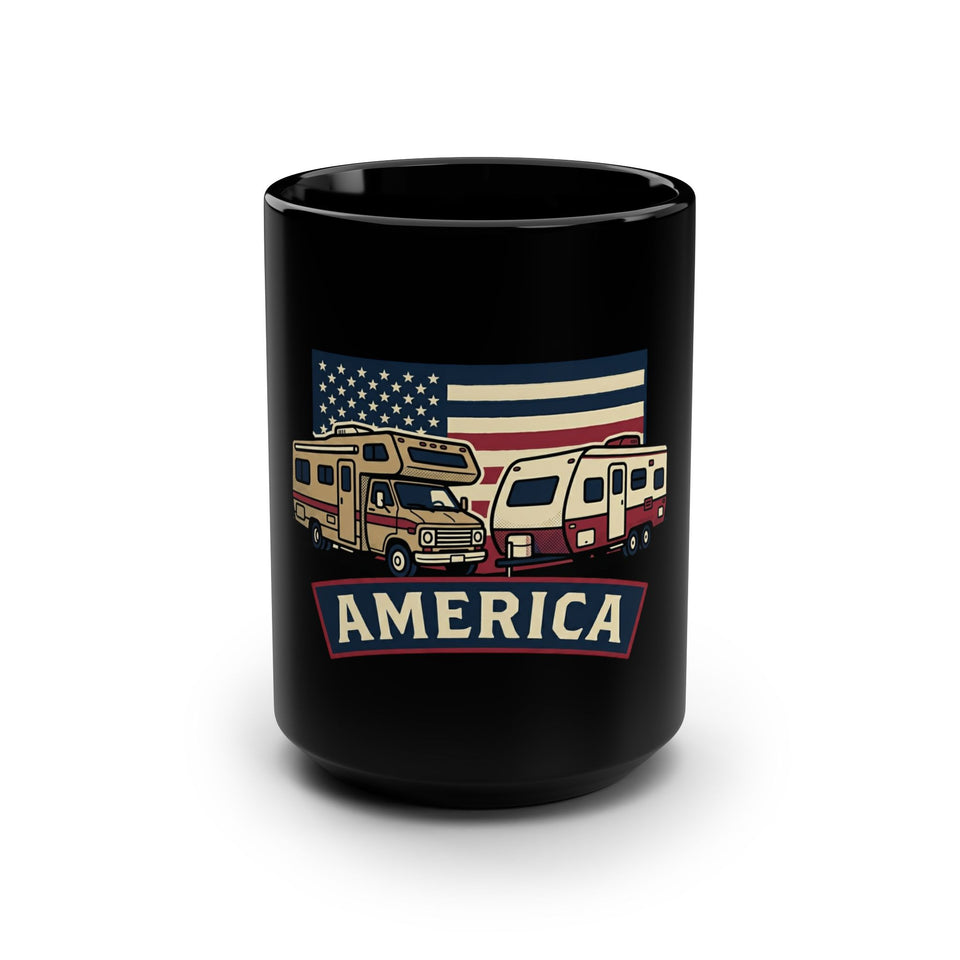 RV Camper and Trailer America Mug | Flag Retro Travel Coffee Cup