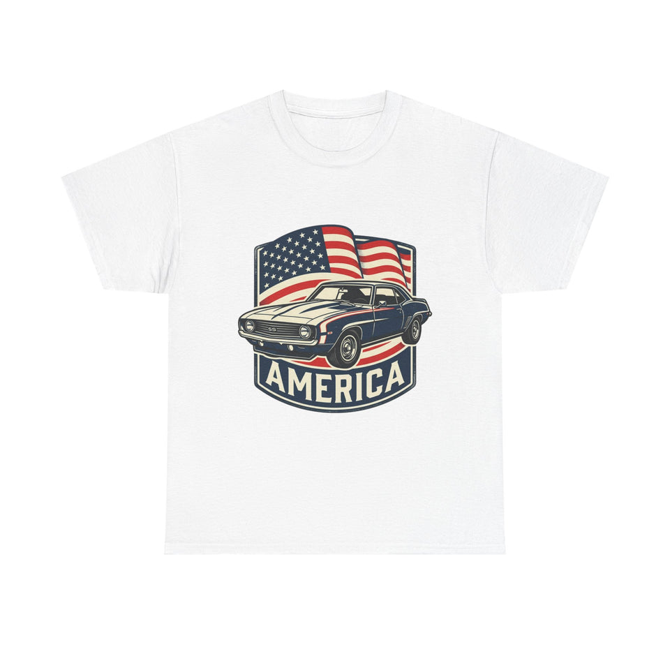 Classic Muscle Car America T-Shirt | American Flag Vintage Auto