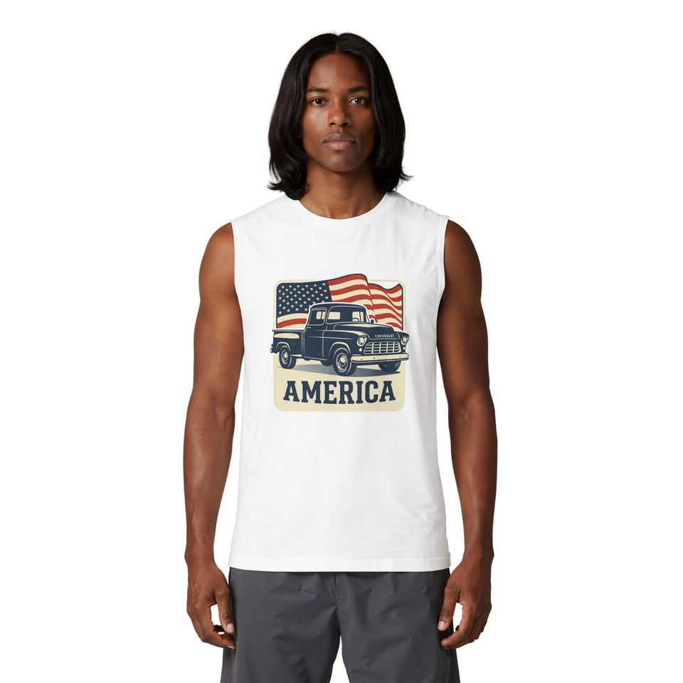 Vintage Pickup Truck America Tank Top | American Flag Patriotic Muscle Tee
