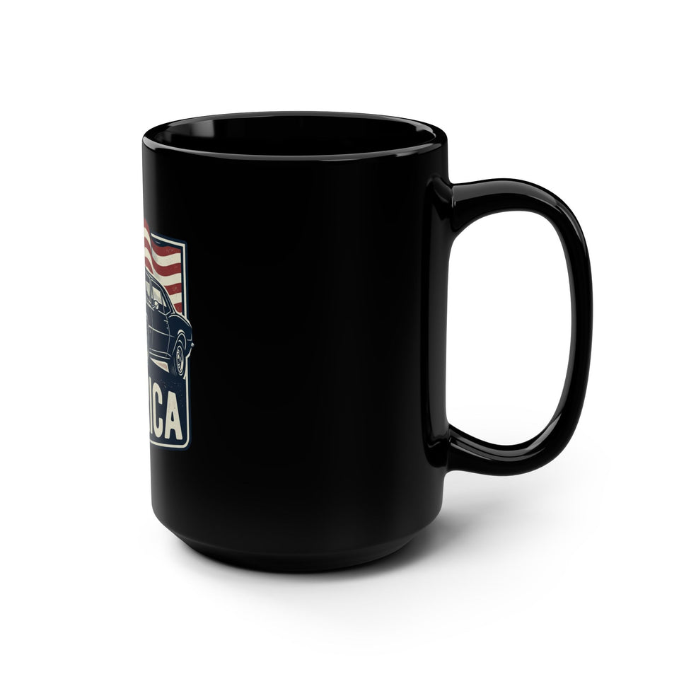 Vintage Muscle Car America Mug | Black 15oz, American Flag Retro