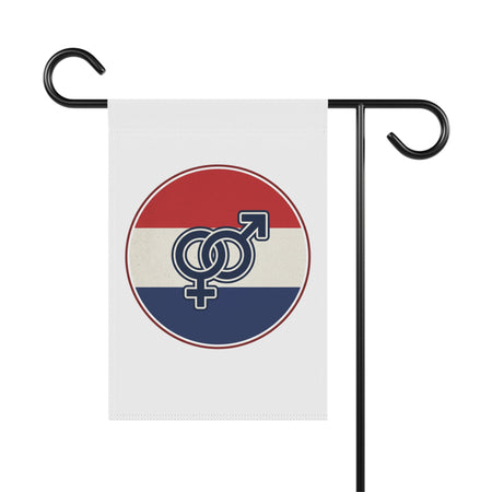 Interlinked Male Female Symbols Garden & House Banner | Patriotic Red White Blue