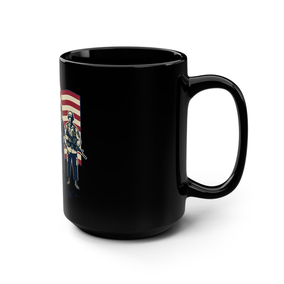 Honor the Fallen Soldiers Mug | American Flag Military Tribute, 15oz Black Mug