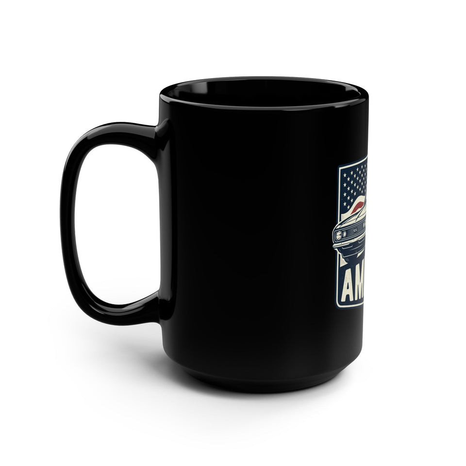 Vintage Muscle Car America Mug | Black 15oz, American Flag Retro