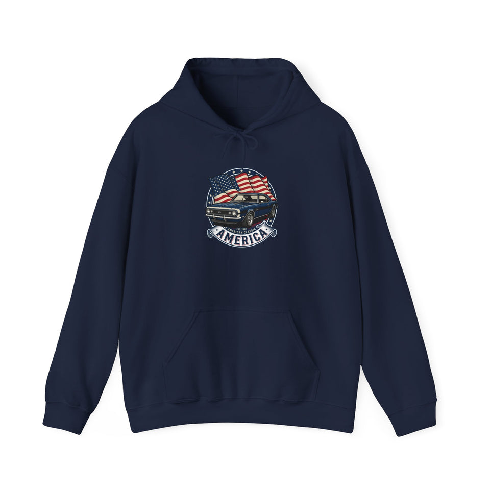 Vintage Muscle Car with American Flag Hoodie | America Graphic Sweatshirt