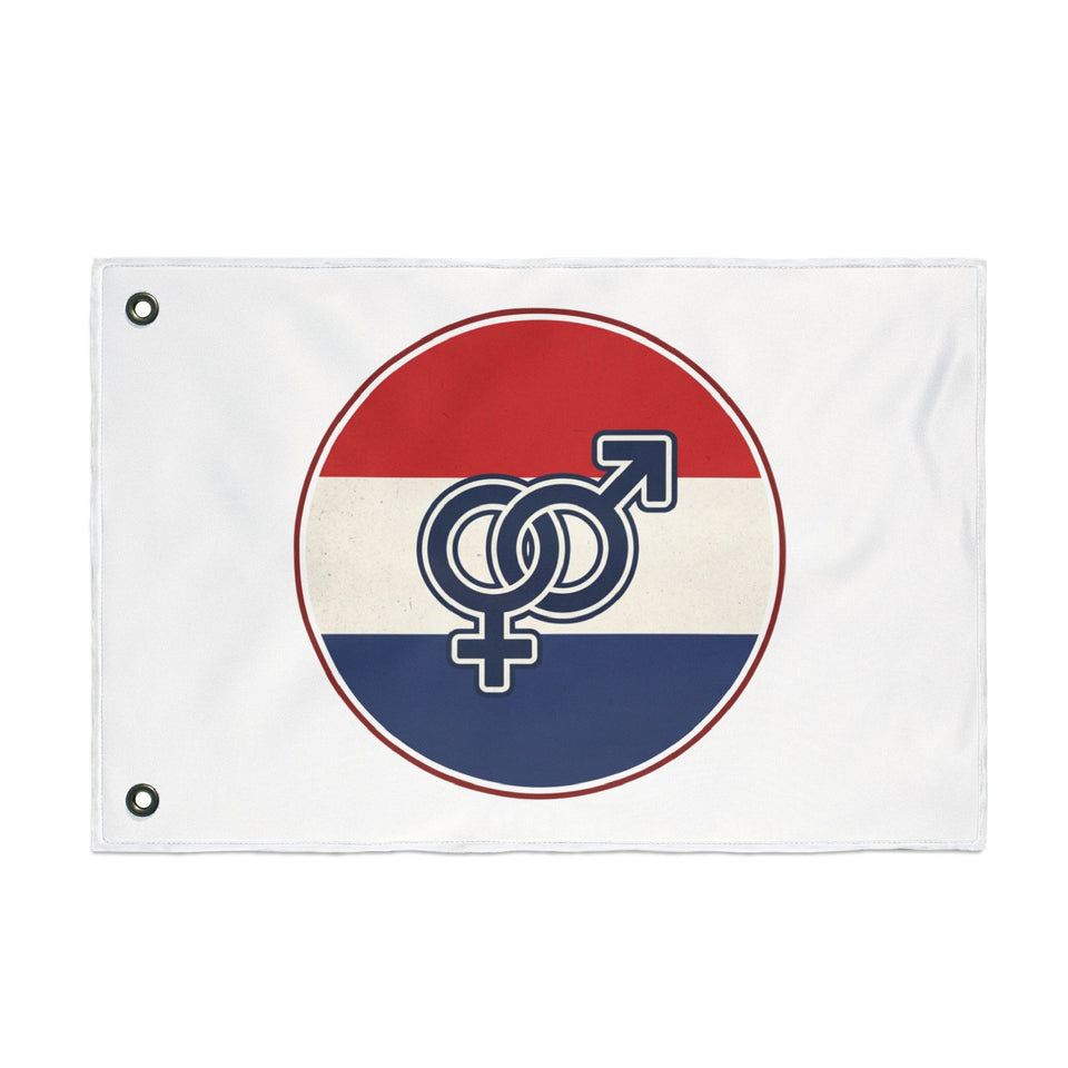 Retro Red White Blue Interlinked Gender Symbols Flag