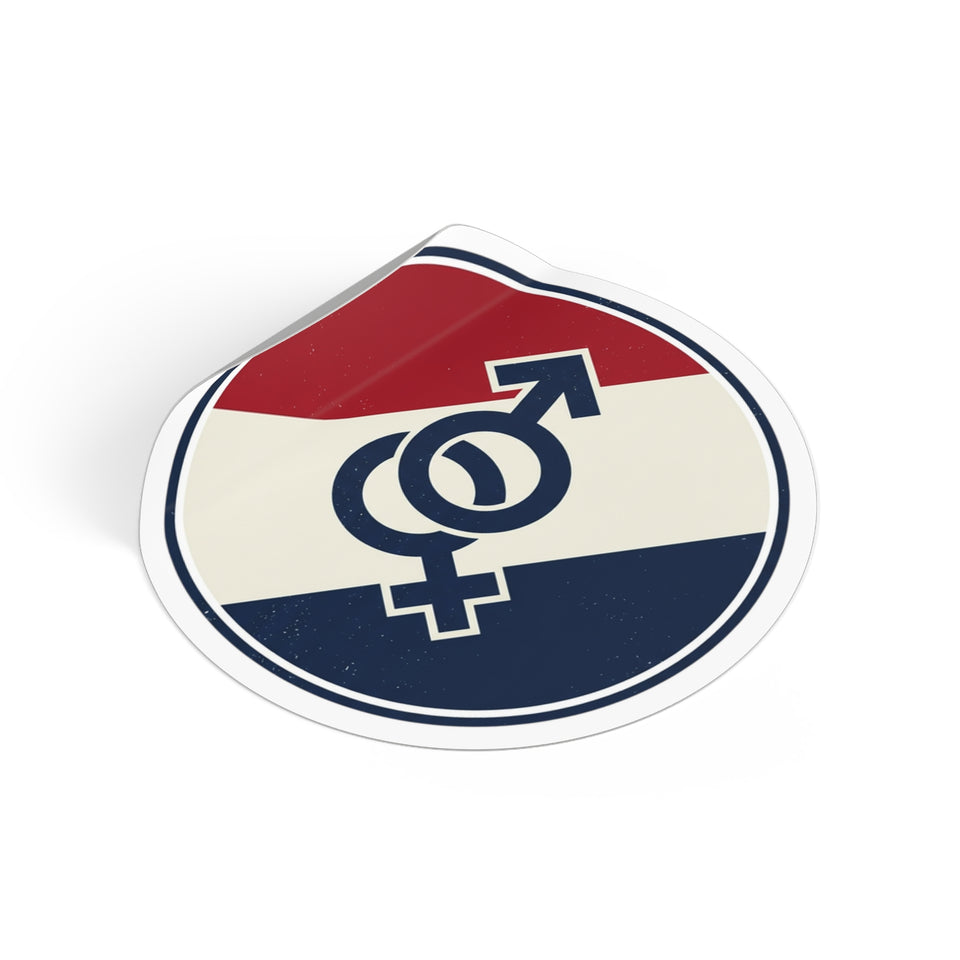 Interlocked Male Female Symbols Round Vinyl Sticker | Retro Red White Blue Stripes