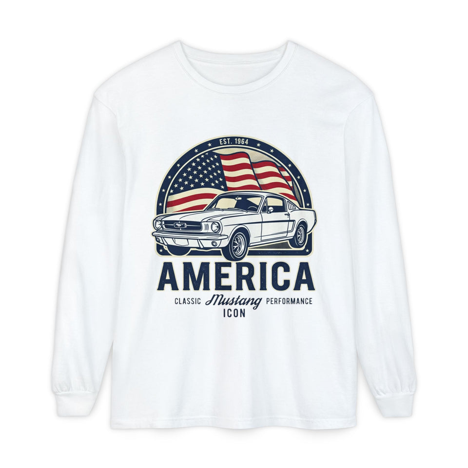American Mustang Car Graphic Long Sleeve T-Shirt | Vintage Flag Icon