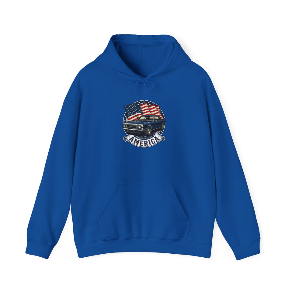 Vintage Muscle Car with American Flag Hoodie | America Graphic Sweatshirt