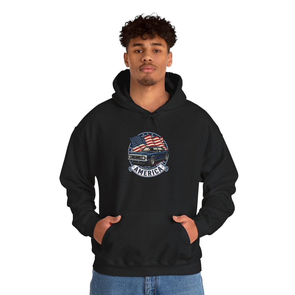 Vintage Muscle Car with American Flag Hoodie | America Graphic Sweatshirt