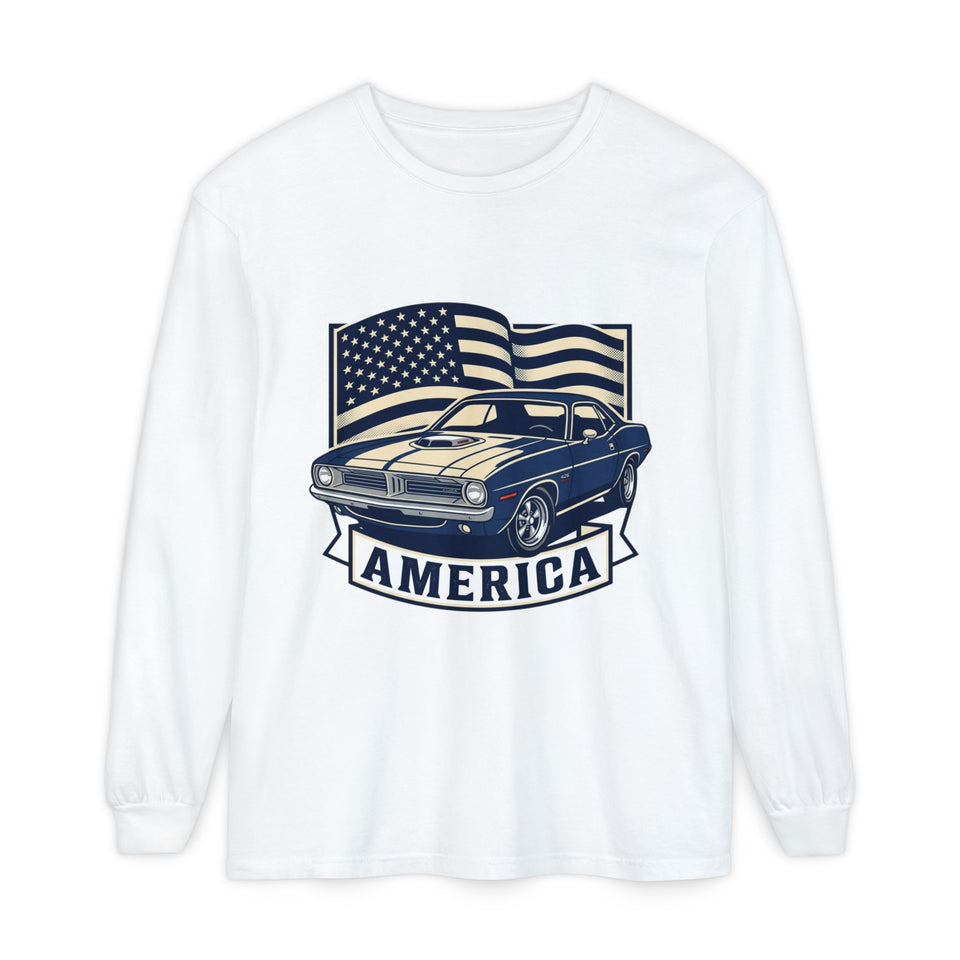 Classic Muscle Car with American Flag Long Sleeve Tee | America