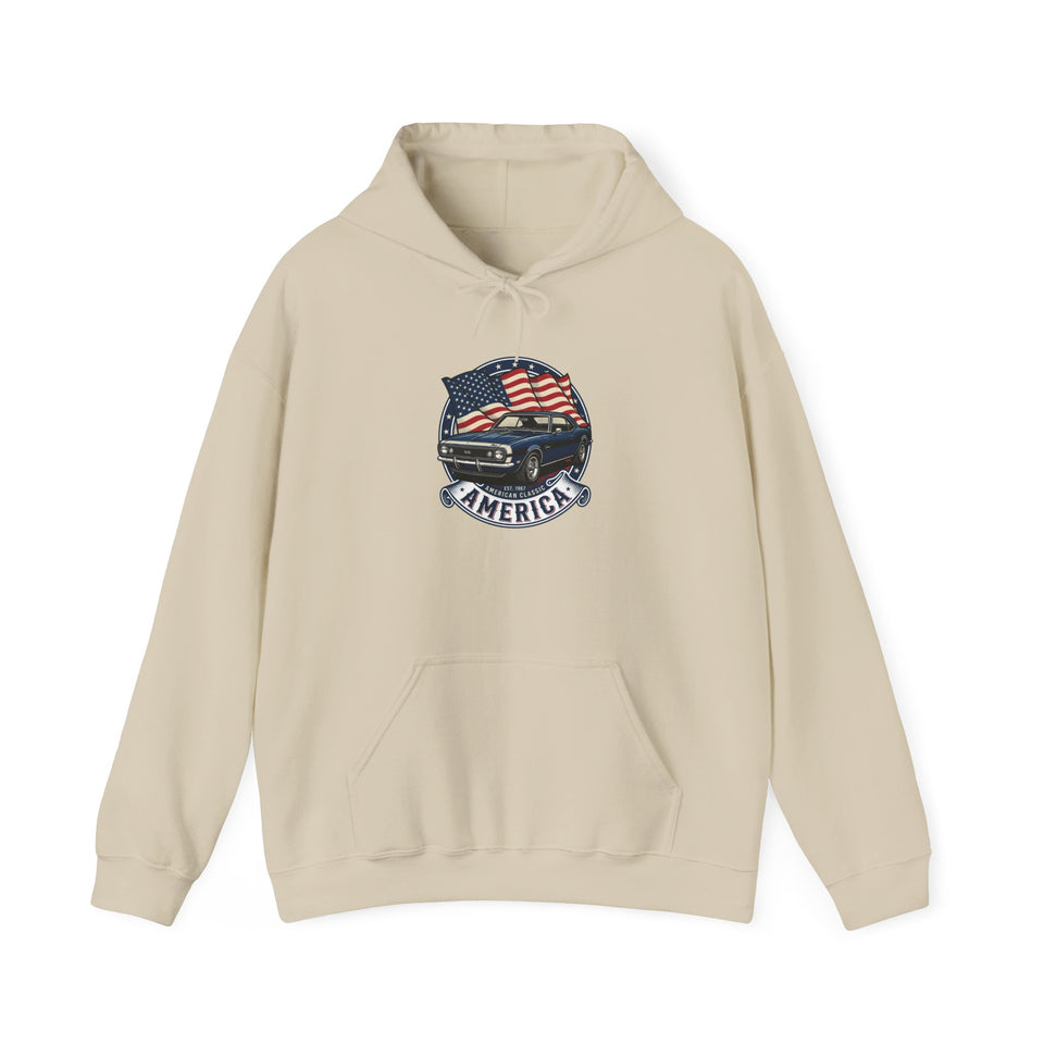 Vintage Muscle Car with American Flag Hoodie | America Graphic Sweatshirt