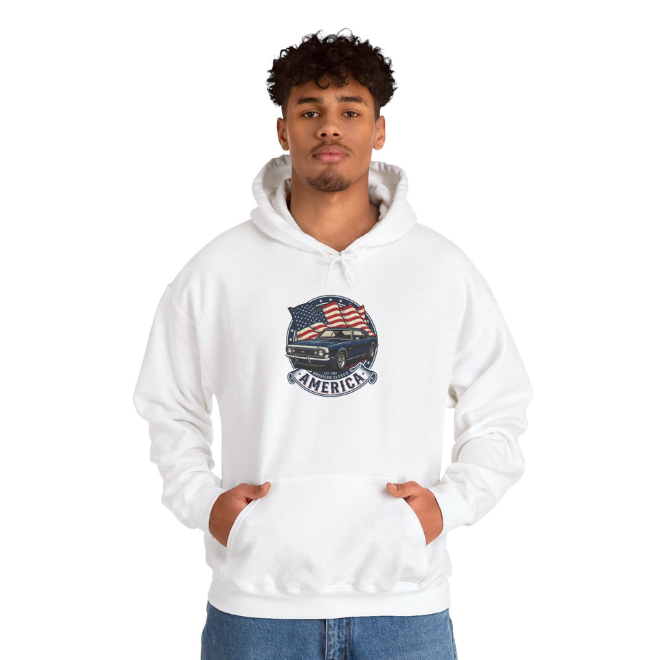 Vintage Muscle Car with American Flag Hoodie | America Graphic Sweatshirt