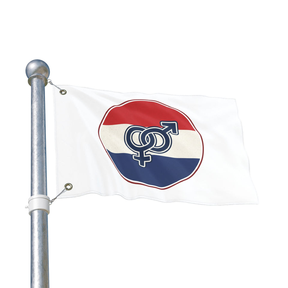 Retro Red White Blue Interlinked Gender Symbols Flag