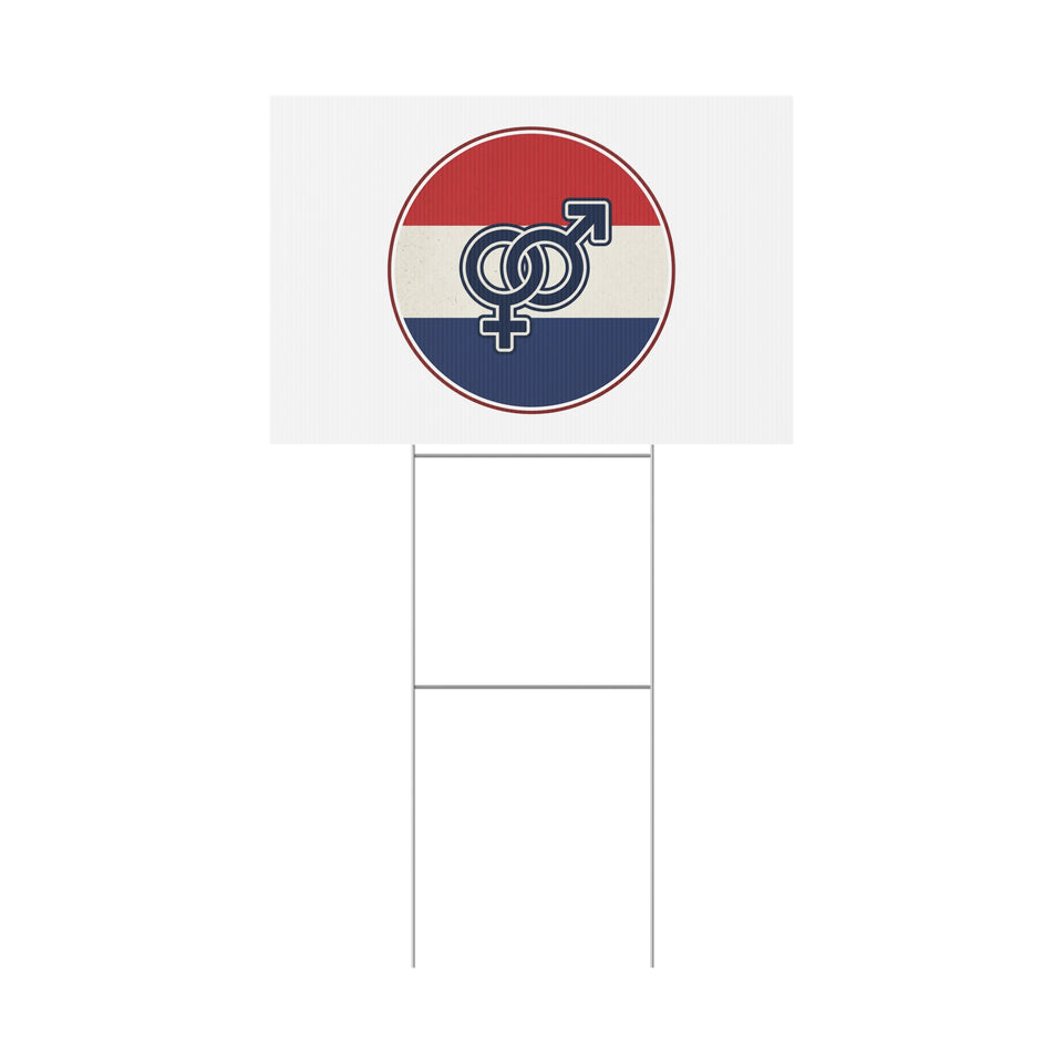 Interlocked Male Female Symbols Plastic Yard Sign | Red White Blue Circle