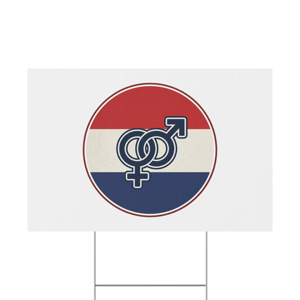 Interlocked Male Female Symbols Plastic Yard Sign | Red White Blue Circle